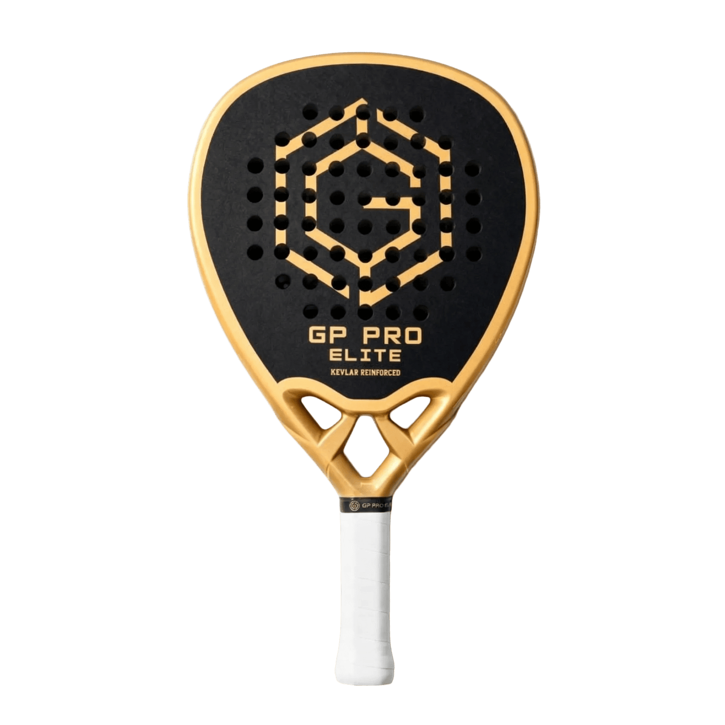 Full view of Golden Padel GP Pro Elite padel racket with black carbon face and gold frame on clean background, designed for advanced players
