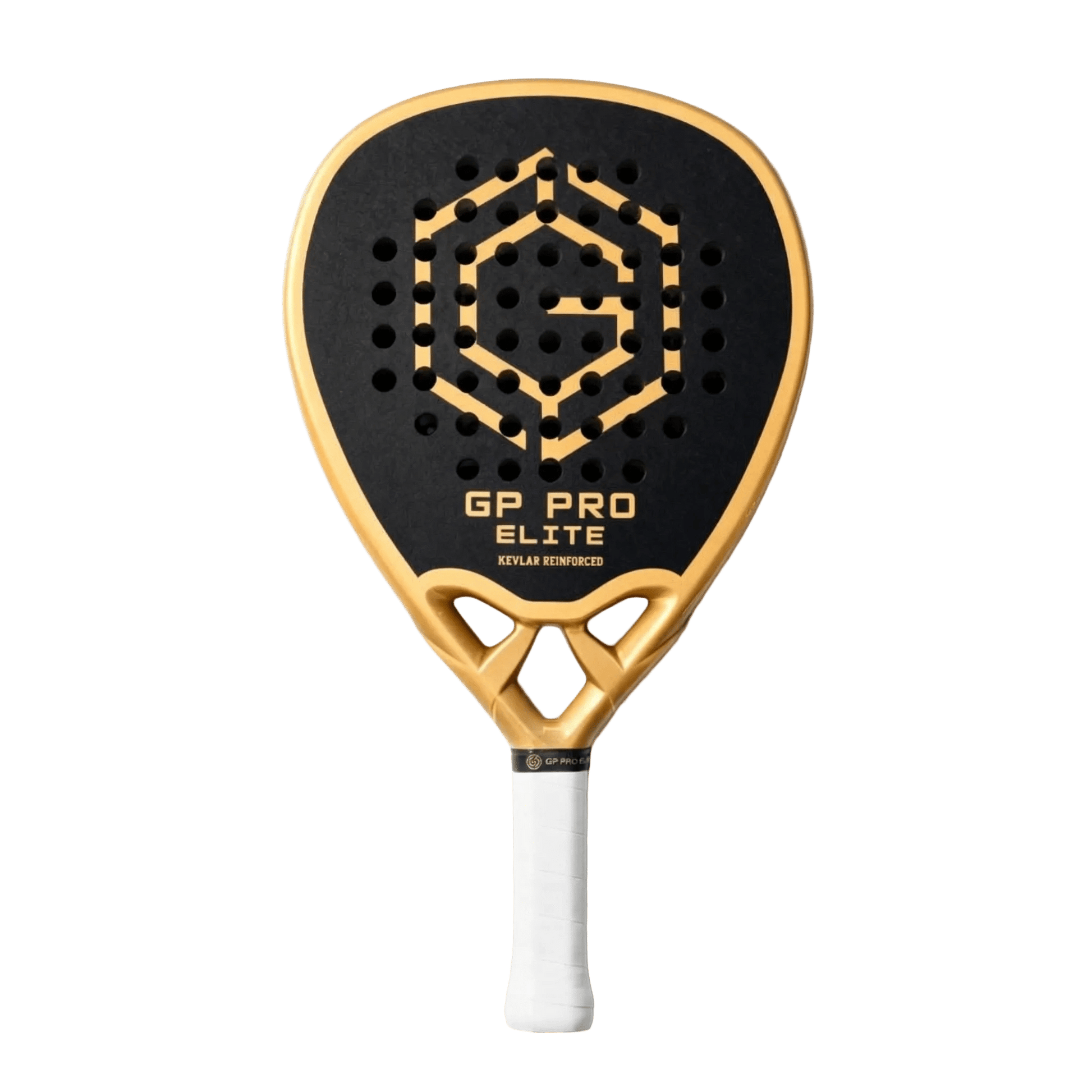 Full view of Golden Padel GP Pro Elite padel racket with black carbon face and gold frame on clean background, designed for advanced players