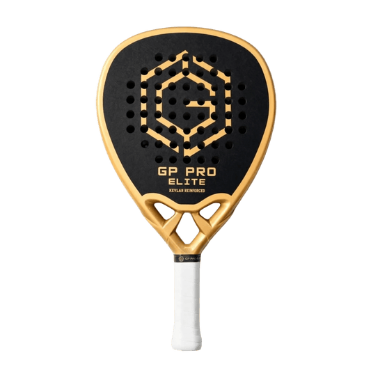 Full view of Golden Padel GP Pro Elite padel racket with black carbon face and gold frame on clean background, designed for advanced players