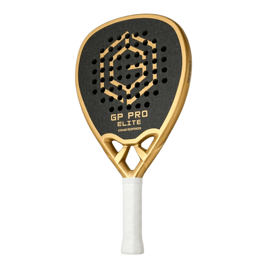 Full view of Golden Padel GP Pro Elite padel racket with black carbon face and gold frame on clean background, designed for advanced players