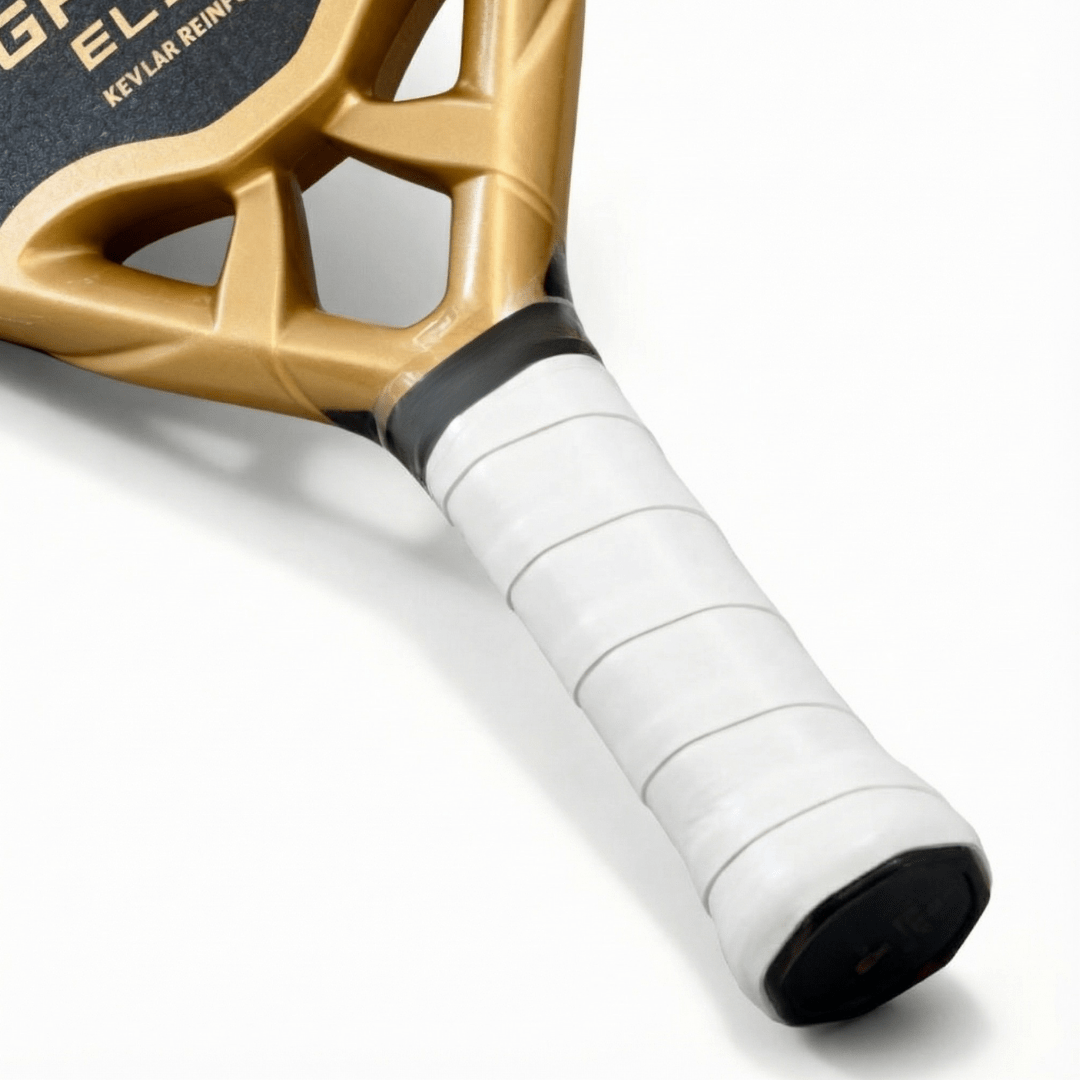 Close-up of Golden Padel GP Pro Elite padel racket handle with white grip and reinforced throat area, designed for advanced players