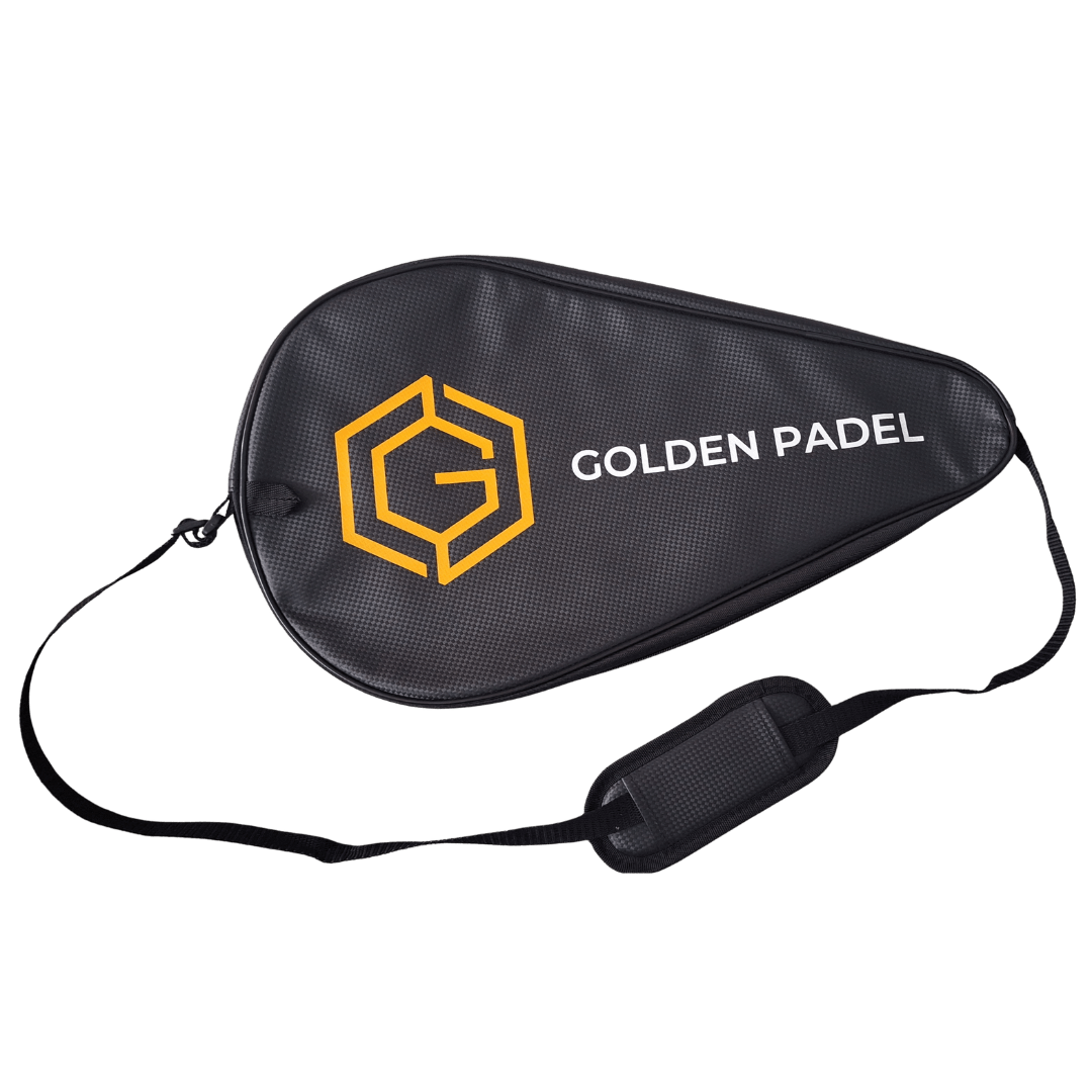 Black and gold Golden Padel GP Pro Elite padel racket cover with branded logo and shoulder strap, designed for advanced players