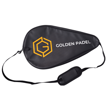Black and gold Golden Padel GP Pro Elite padel racket cover with branded logo and shoulder strap, designed for advanced players