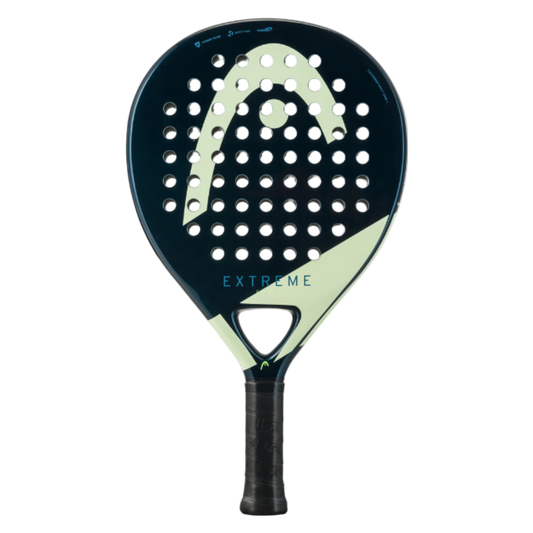 Front view of the Head Evo Extreme 2025 padel racket in dark teal with cream accents and round hole pattern, designed for beginner players.