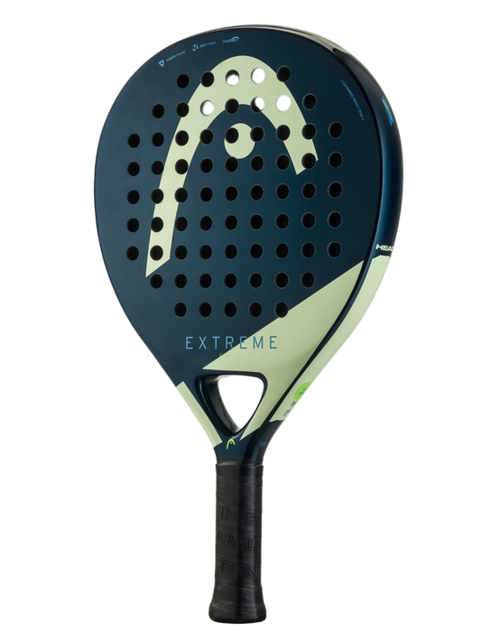 Angled side view of the Head Evo Extreme 2025 padel racket in dark teal with cream detailing and round hole layout, designed for beginner players.