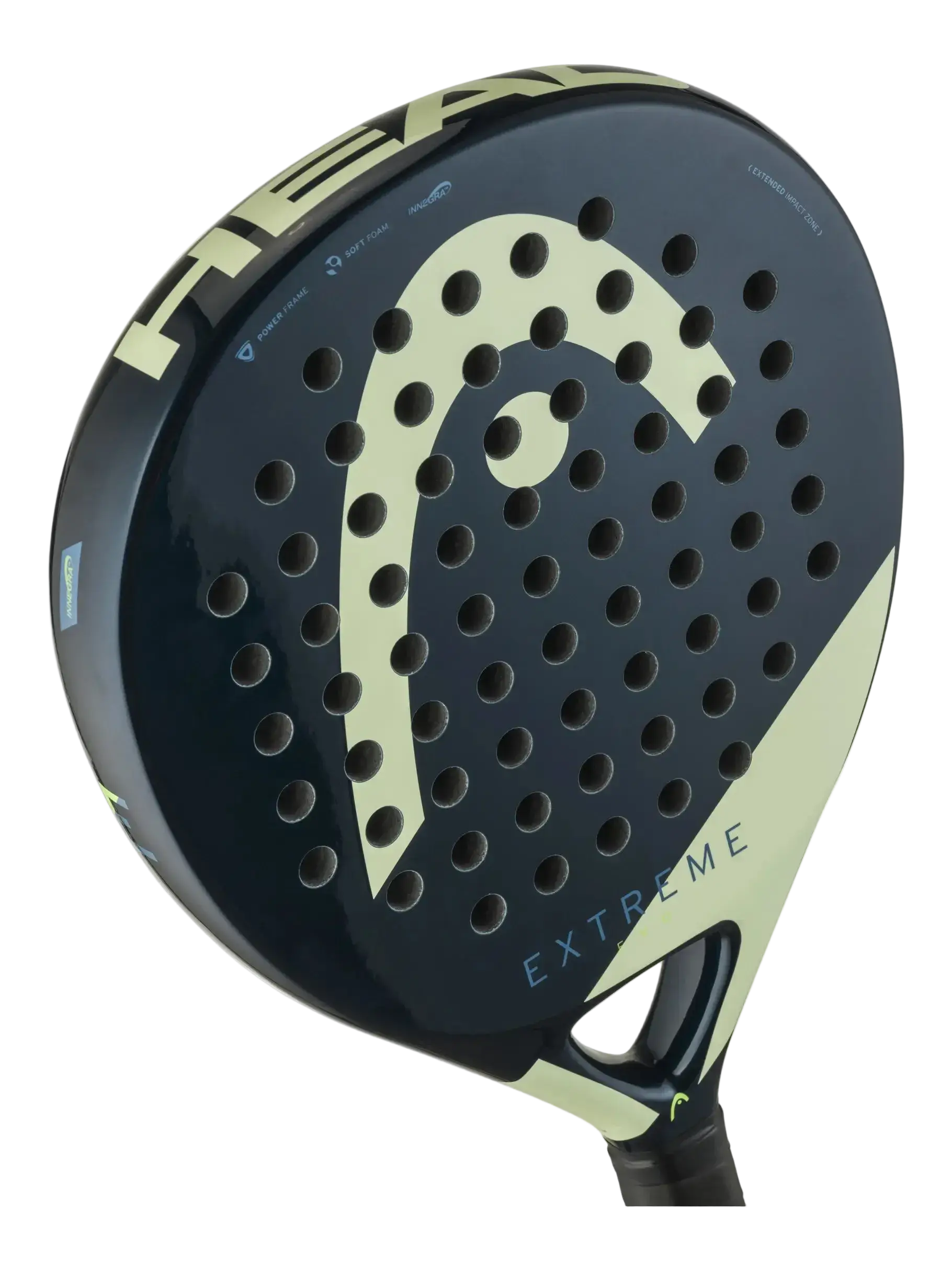 Angled view of Head Evo Extreme 2025 padel racket highlighting face and frame detail, designed for intermediate players