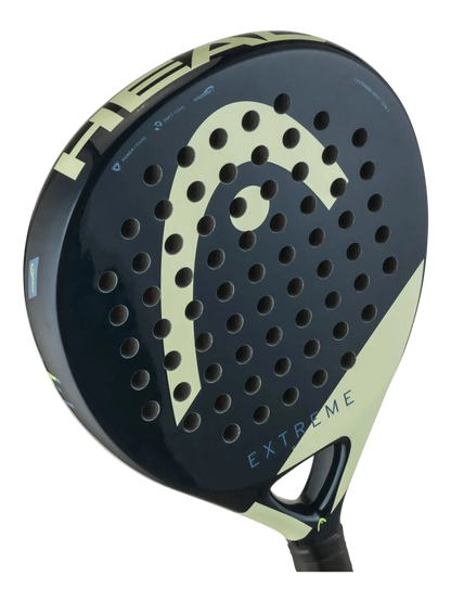 Angled view of Head Evo Extreme 2025 padel racket highlighting face and frame detail, designed for intermediate players