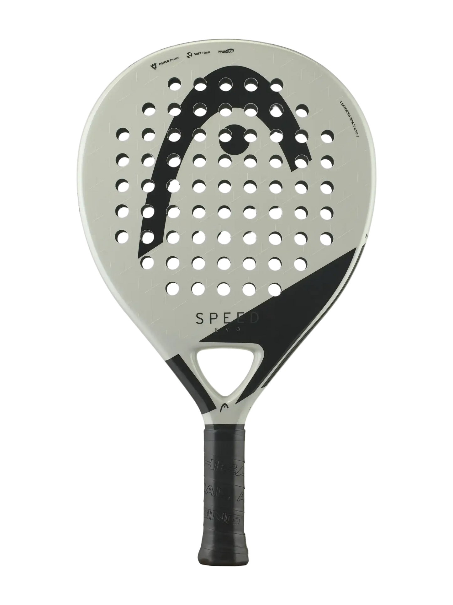HEAD Evo Speed padel racket front view with oversized teardrop shape, fiberglass face and large sweet spot, designed for beginner and improving players
