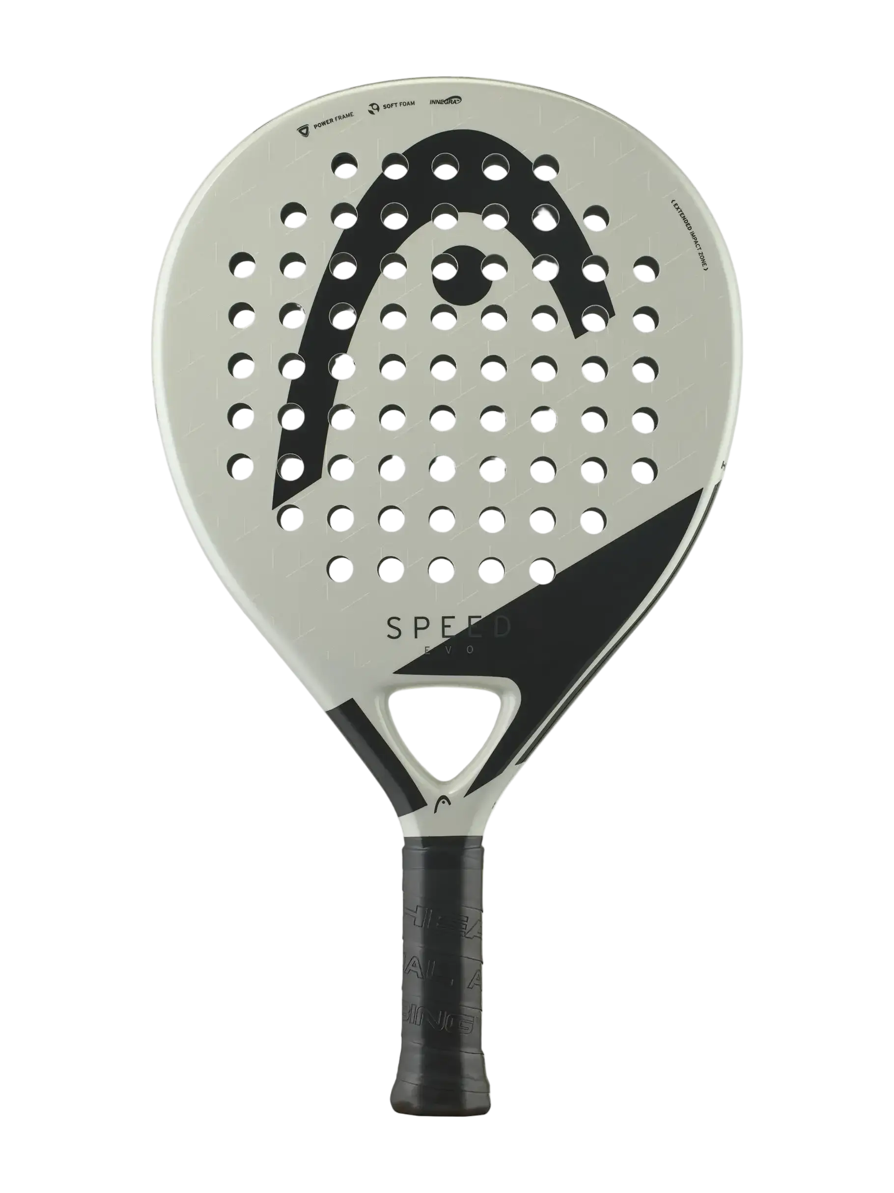 HEAD Evo Speed padel racket front view with oversized teardrop shape, fiberglass face and large sweet spot, designed for beginner and improving players