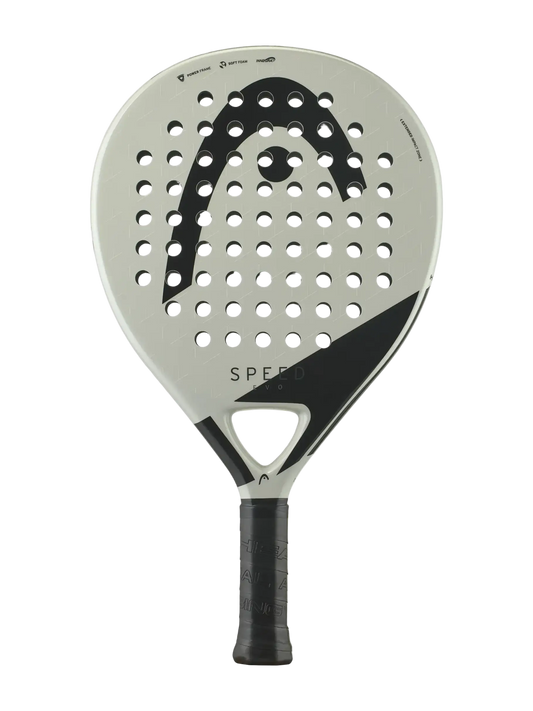 HEAD Evo Speed padel racket front view with oversized teardrop shape, fiberglass face and large sweet spot, designed for beginner and improving players