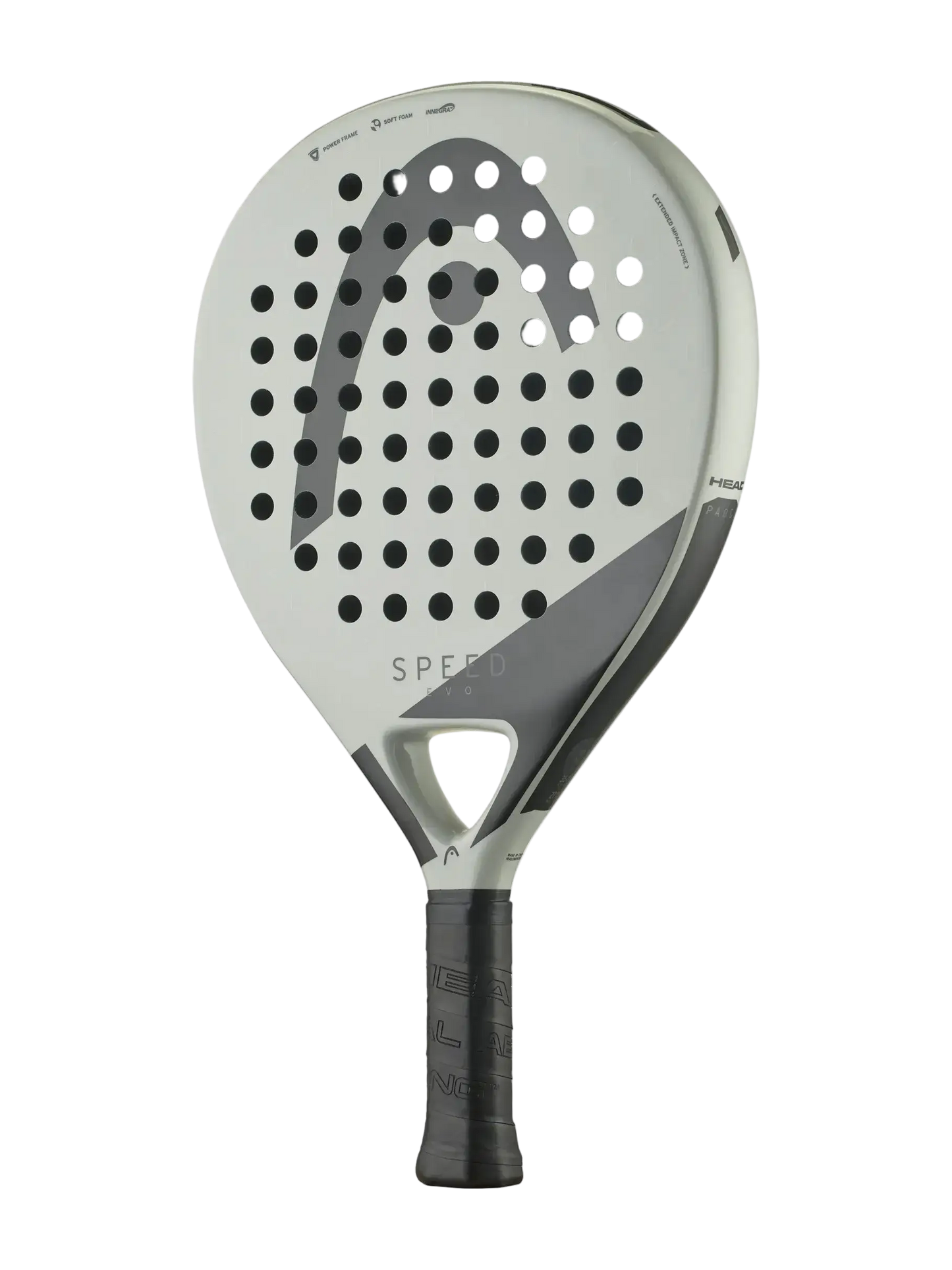 HEAD Evo Speed padel racket rear view showing soft foam core and Innegra technology, offering comfort, stability and easy power for new players