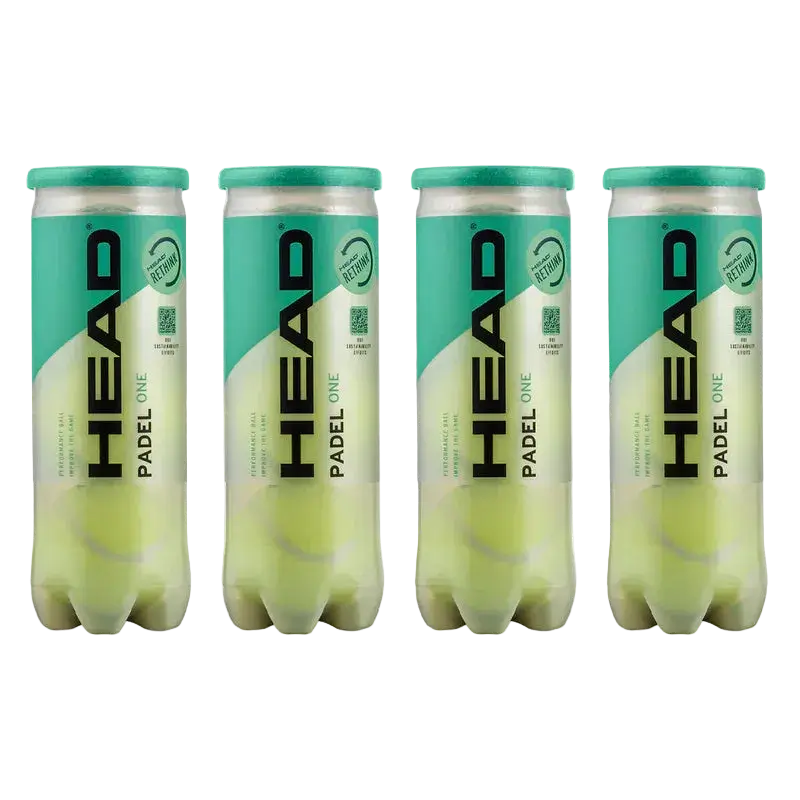 Head Padel One padel balls shown in 4 tubes with sustainable packaging on a clean studio background