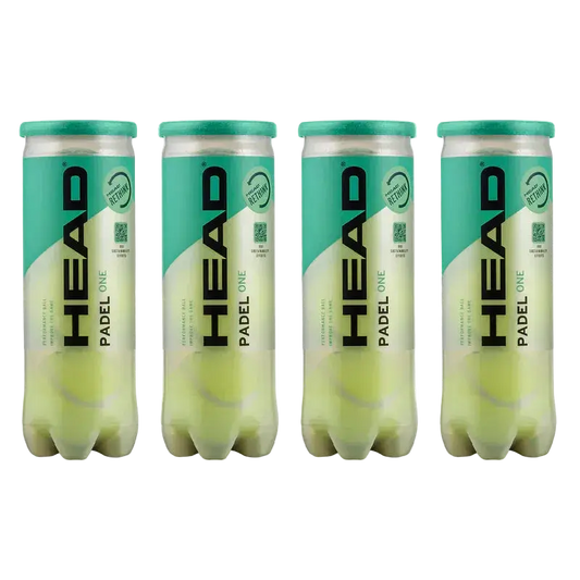 Head Padel One padel balls shown in 4 tubes with sustainable packaging on a clean studio background