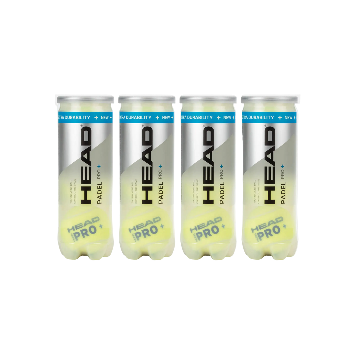 Four cans of HEAD Pro+ padel tennis control balls, twelve balls in total. front view