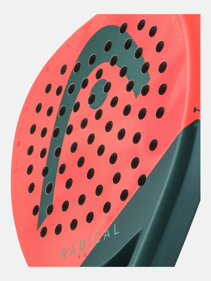 HEAD Radical Team 2026 padel racket face close up, control drilling pattern and soft fiberglass surface, designed for intermediate players