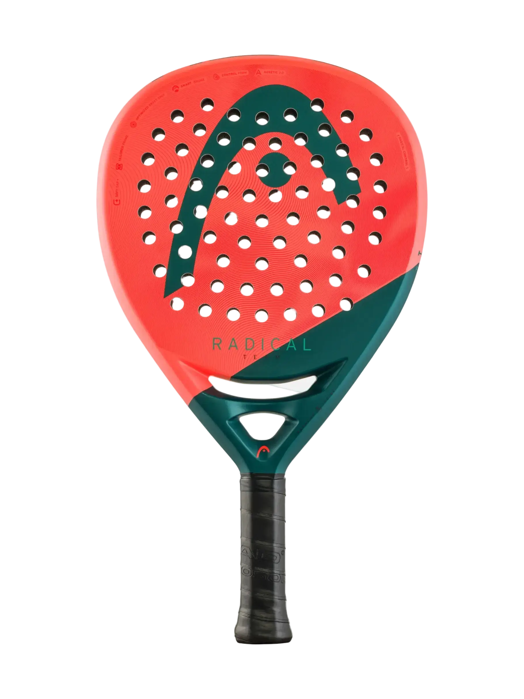 HEAD Radical Team 2026 padel racket front view, teardrop shape with coral and teal finish, designed for intermediate players