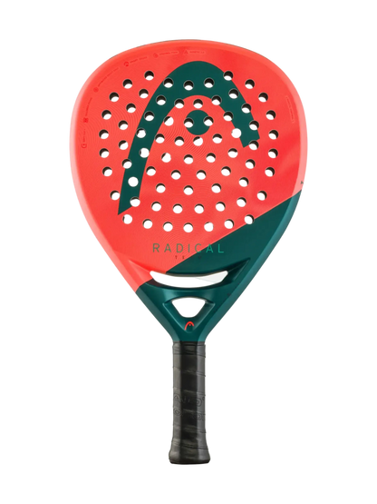 HEAD Radical Team 2026 padel racket front view, teardrop shape with coral and teal finish, designed for intermediate players