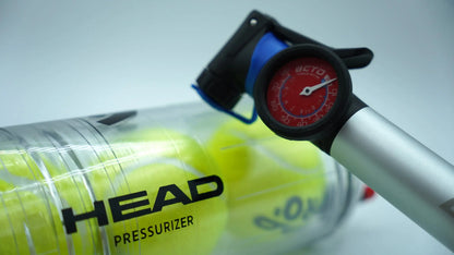 HEAD X4 ball pressuriser with air pump attached, pressure gauge inflating padel and tennis ball pressuriser