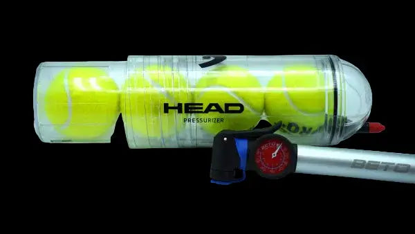 HEAD X4 ball pressuriser and pump laid horizontally with transparent tube for restoring padel and tennis ball pressure