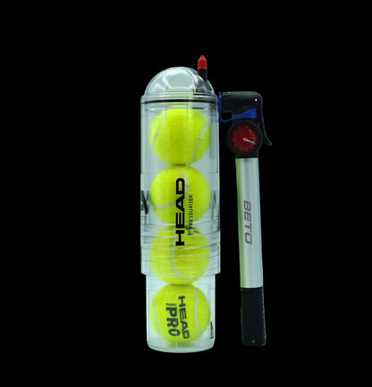 HEAD X4 ball pressuriser standing upright with pump attached and four padel balls inside transparent chamber