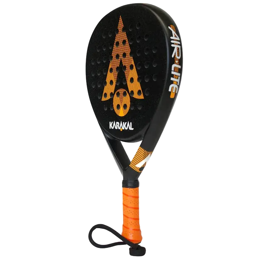 karakal air lite 345 padel racket orange, angled full racket view showing frame and handle, designed for beginner players
