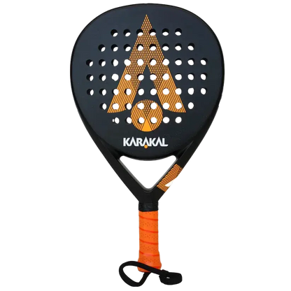 karakal air lite 345 padel racket orange, full front view of racket showing round head shape, designed for beginner players