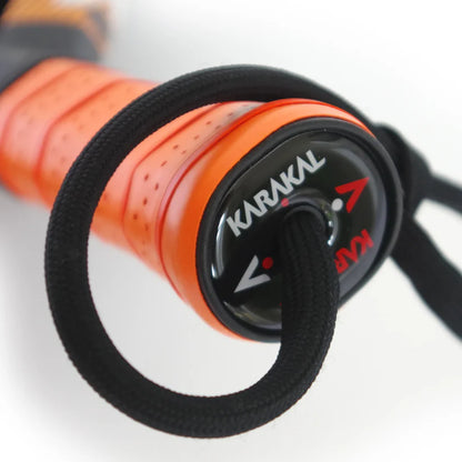 karakal air lite 345 padel racket orange, handle butt cap and wrist strap detail, designed for beginner players