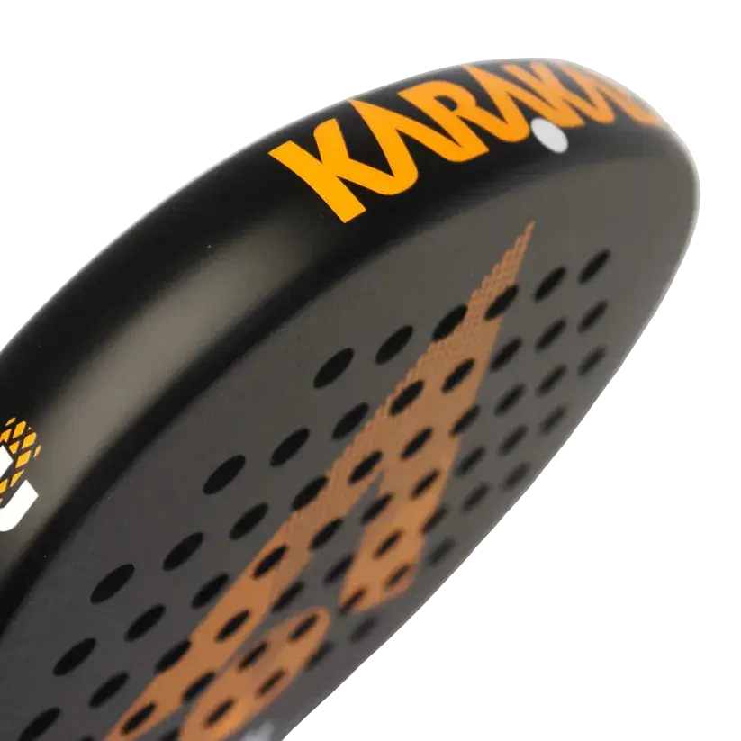 karakal air lite 345 padel racket orange, frame edge karakal logo close up, designed for beginner players