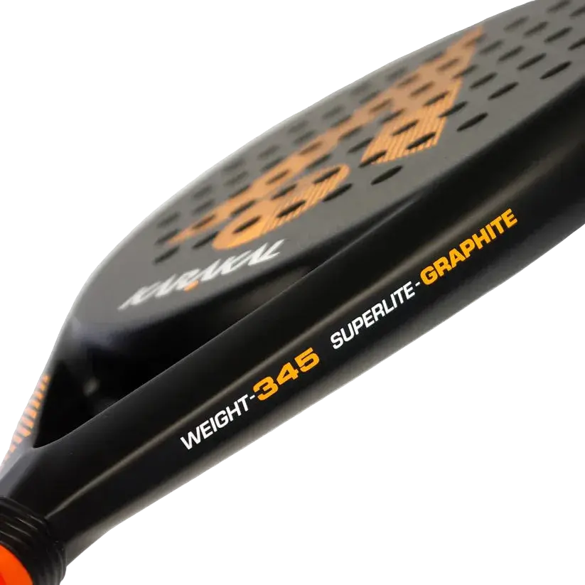 karakal air lite 345 padel racket orange, side frame weight 345 marking detail, designed for beginner players