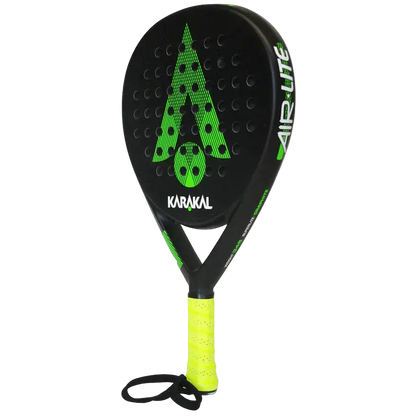 karakal air lite 345 padel racket angled view profile in bright green showing slim beam designed for beginner players.