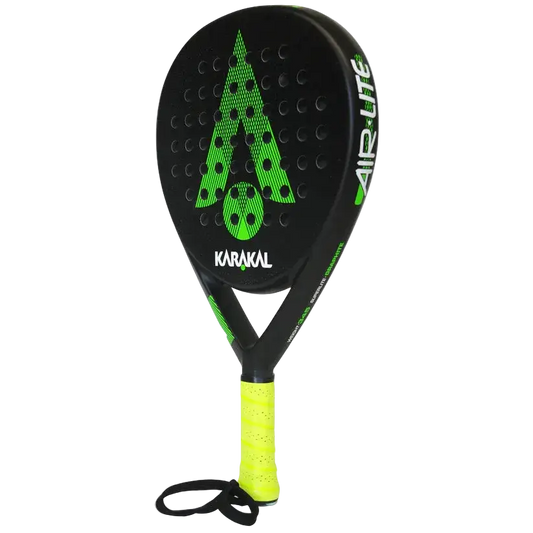 karakal air lite 345 padel racket angled view profile in bright green showing slim beam designed for beginner players.