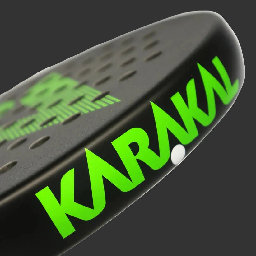 karakal air lite 345 padel racket top profile in bright green showing slim beam designed for beginner players