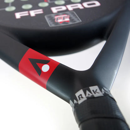 Karakal FF PRO throat area showing red Karakal logo and matte frame finish, designed for advanced players