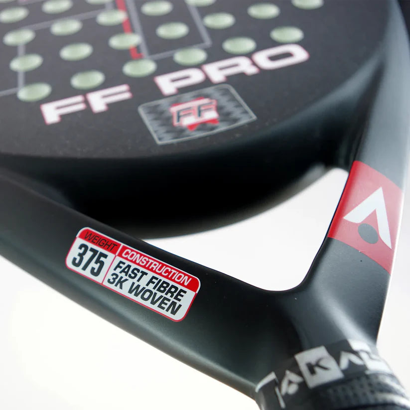Karakal FF PRO 375 frame detail showing 375g Fast Fibre 3K woven construction label, designed for advanced players