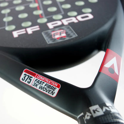 Karakal FF PRO 375 frame detail showing 375g Fast Fibre 3K woven construction label, designed for advanced players