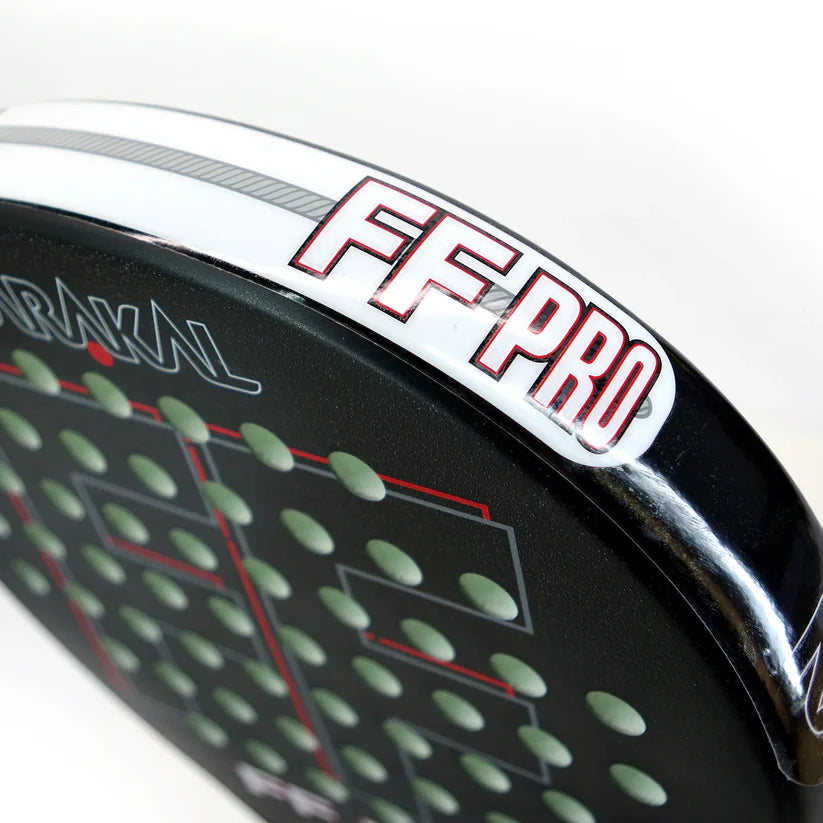 Top edge of FF PRO racket highlighting bold FF PRO branding and durable frame, designed for advanced players