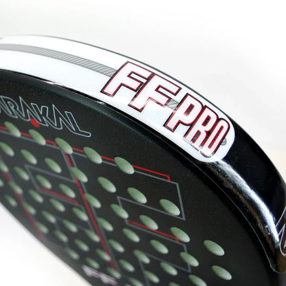 Top edge of FF PRO racket highlighting bold FF PRO branding and durable frame, designed for advanced players