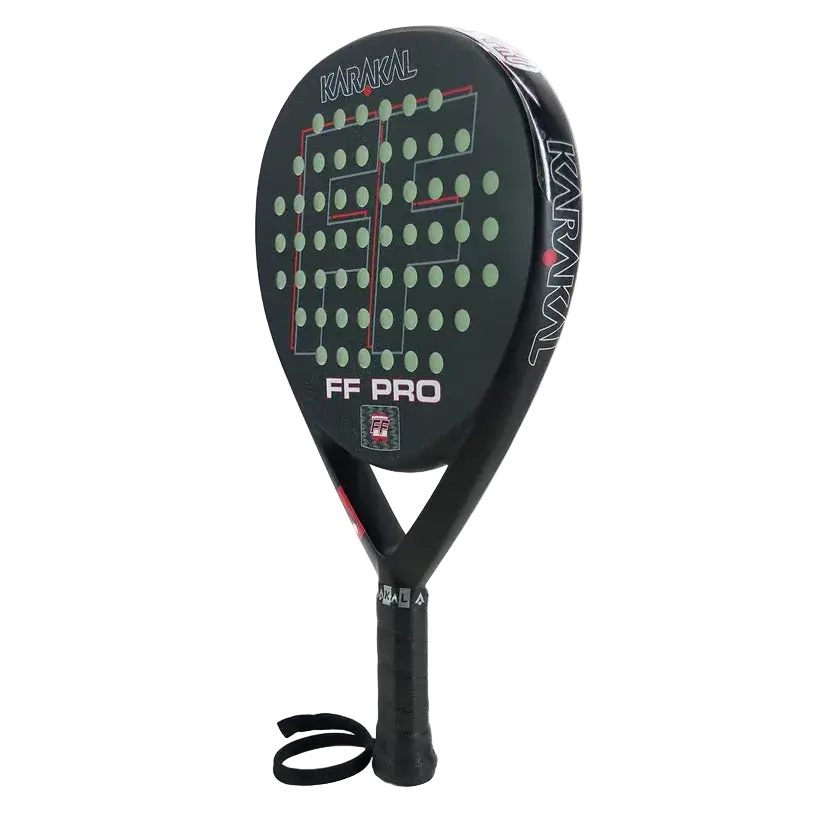 Karakal FF PRO 375 padel racket angled view showing teardrop shape and matte black finish, designed for advanced players