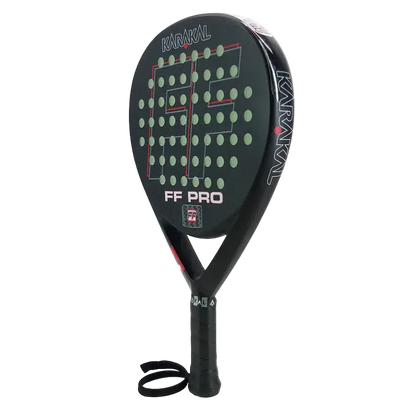 Karakal FF PRO 375 padel racket angled view showing teardrop shape and matte black finish, designed for advanced players