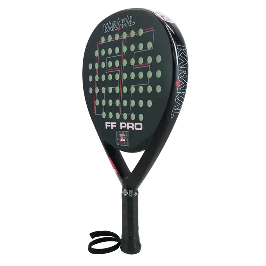 Karakal FF PRO 375 padel racket angled view showing teardrop shape and matte black finish, designed for advanced players