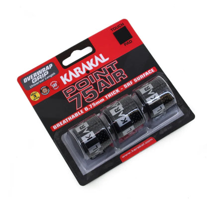 Karakal Point 75 Air overwrap grip black, close up view showing tacky PU surface and breathing holes, designed for all level players