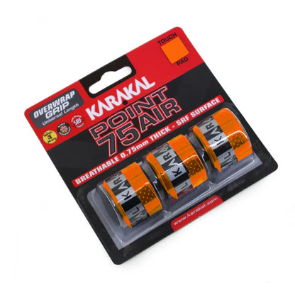 Karakal Point 75 Air overwrap grip orange, close up view showing tacky PU surface and breathing holes, designed for all level players