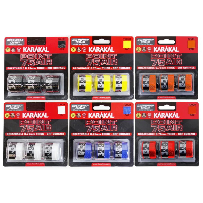 Karakal Point 75 Air overwrap grips multi colour pack, breathable 0.75mm SRF surface with tacky feel, designed for all level players