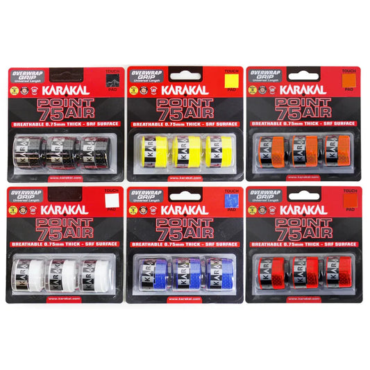 Karakal Point 75 Air overwrap grips multi colour pack, breathable 0.75mm SRF surface with tacky feel, designed for all level players