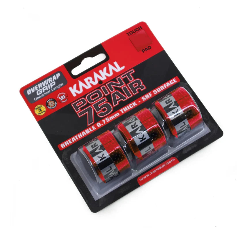 Karakal Point 75 Air overwrap grip red, close up view showing tacky PU surface and breathing holes, designed for all level players