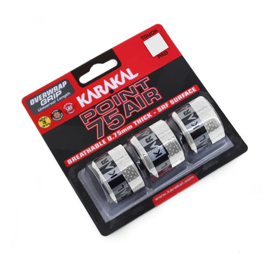 Karakal Point 75 Air overwrap grip white, close up view showing tacky PU surface and breathing holes, designed for all level players.