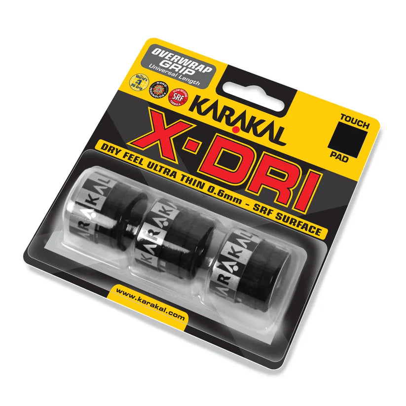 karakal x dri overwrap grip black ultra thin dry feel grip front view, designed for all level players.