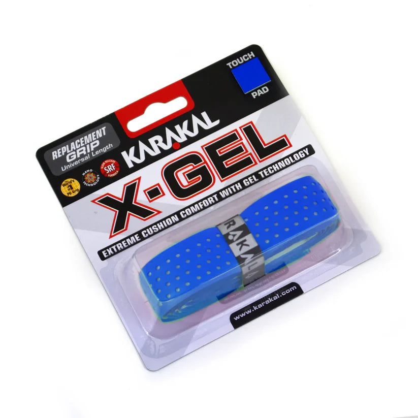 Karakal X Gel Grip in blue, close up showing cushioned gel texture and breathing holes, designed for all racket sport players