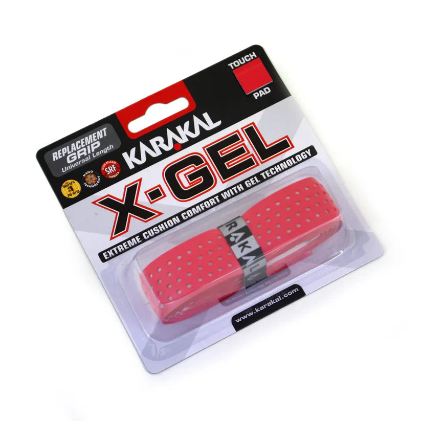 Karakal X Gel Grip in red, close up showing cushioned gel texture and breathing holes, designed for all racket sport players