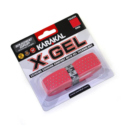 Karakal X Gel Grip in red, close up showing cushioned gel texture and breathing holes, designed for all racket sport players